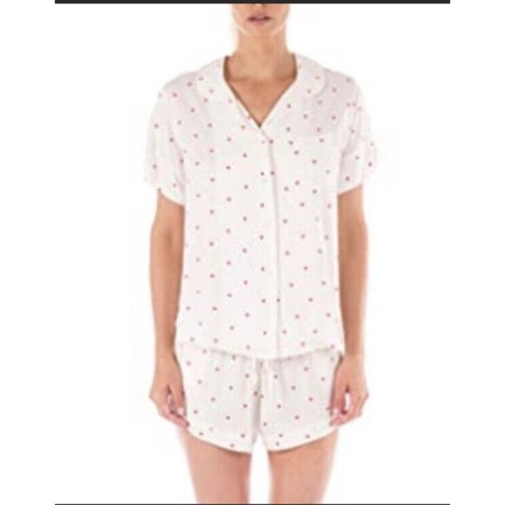 REVOLE PLUSH PJ Short Set Heart Print‎ Short Sleeve Ultra Soft White SZ S